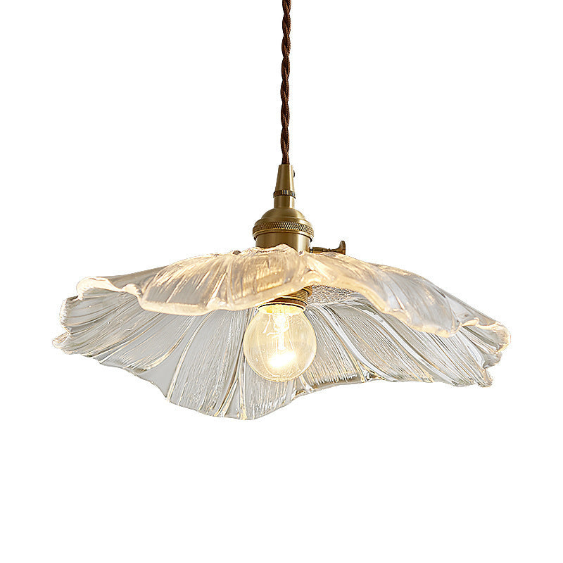Modern Lotus Leaf Glass Pendant Light, Vintage Copper Hanging Ceiling Lamp for Dining Room, Kitchen Island & Living Room