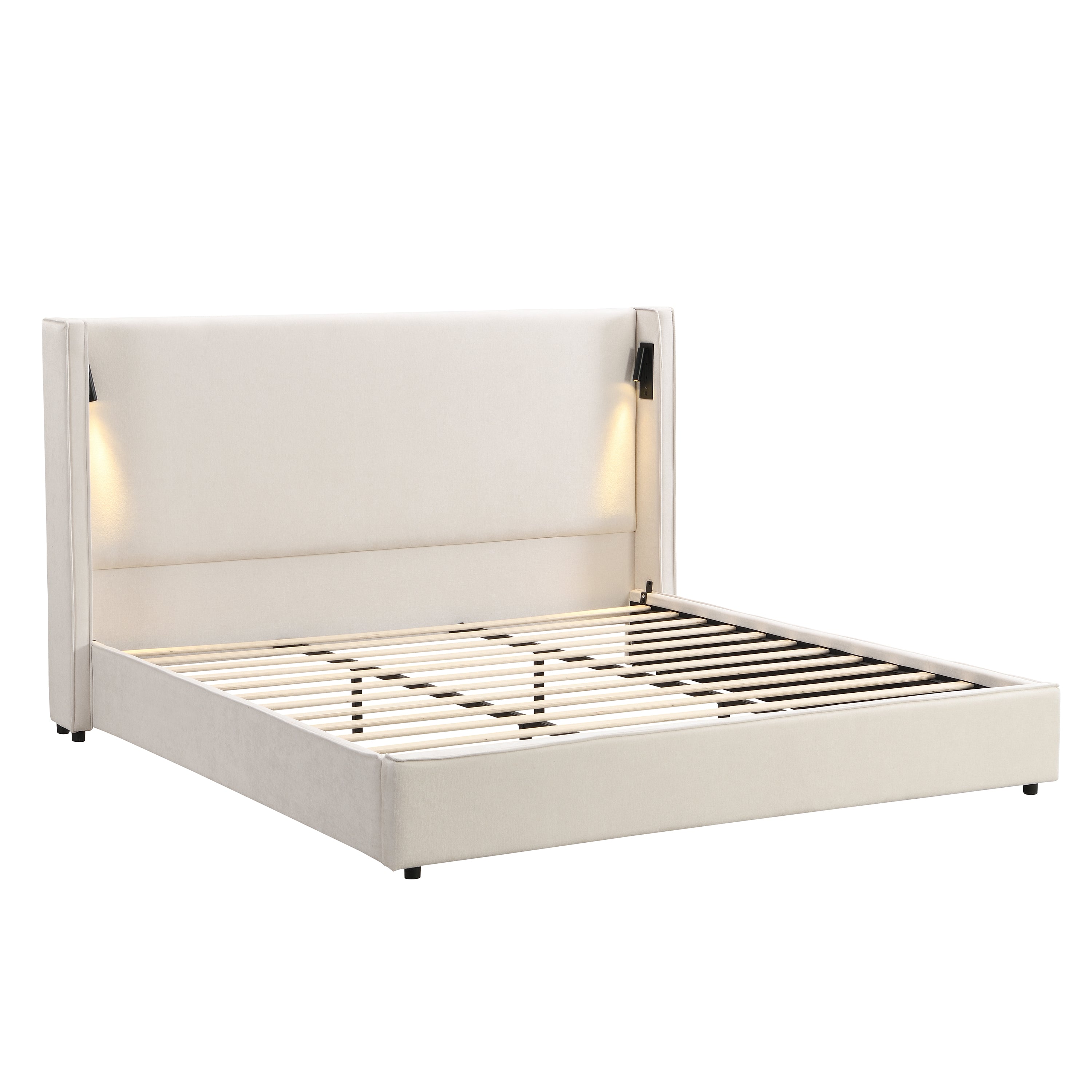 Upholstered Bed With High Wingback, King, Beige