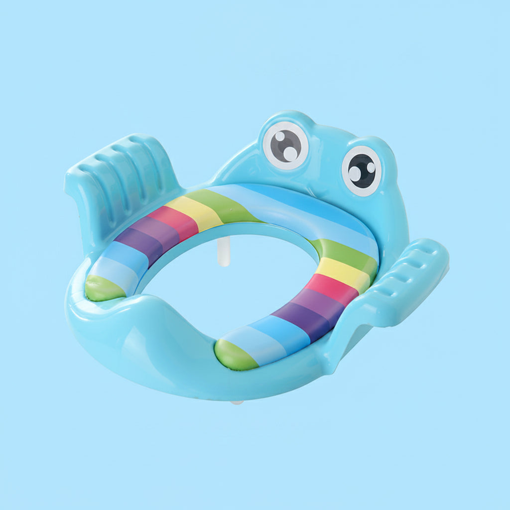 Colorful baby seat with frog design on a white background