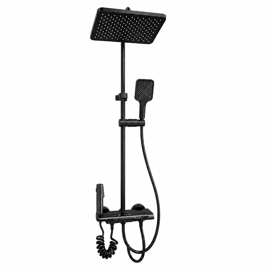 Premium Thermostatic Shower Panel, LED Display, Temperature Display Models, Rain Shower Set with Hand Shower & Bidet Spray, Matte Black