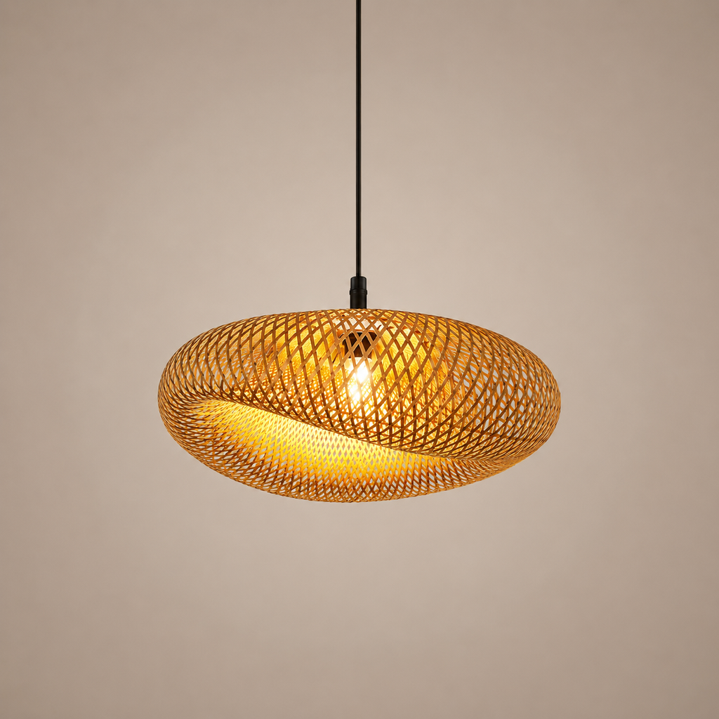 Japanese Style Bamboo Chandelier, Straw Hat Shaped Woven Hanging Pendant Light for Dining Room, Living Room, Bedroom & Cafe