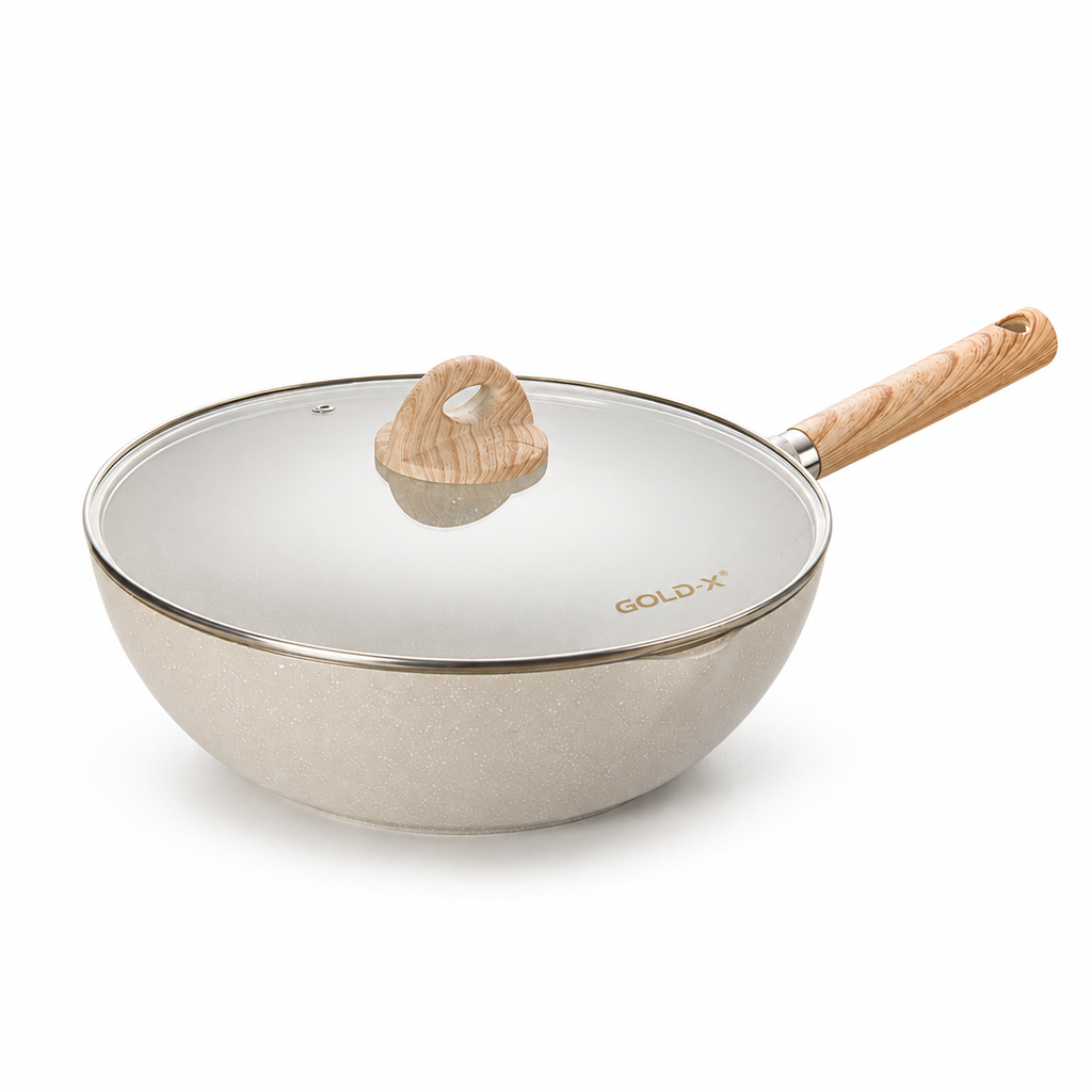 Nonstick Deep Wok Pan with Glass Lid & Wooden Handle, 3L Induction & Gas Compatible Cooking Wok