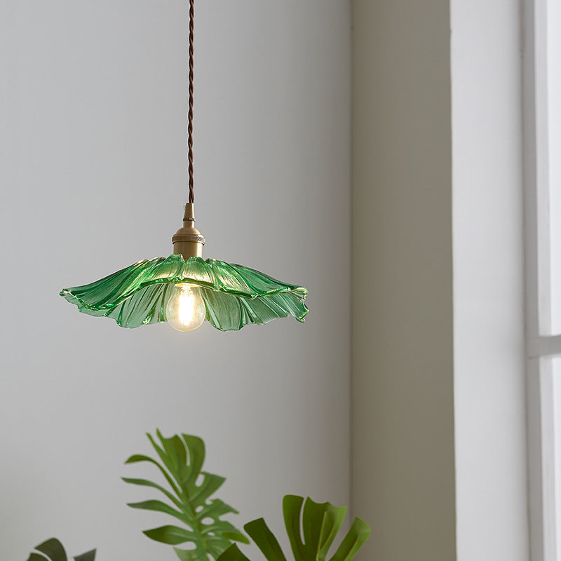Modern Lotus Leaf Glass Pendant Light, Vintage Copper Hanging Ceiling Lamp for Dining Room, Kitchen Island & Living Room