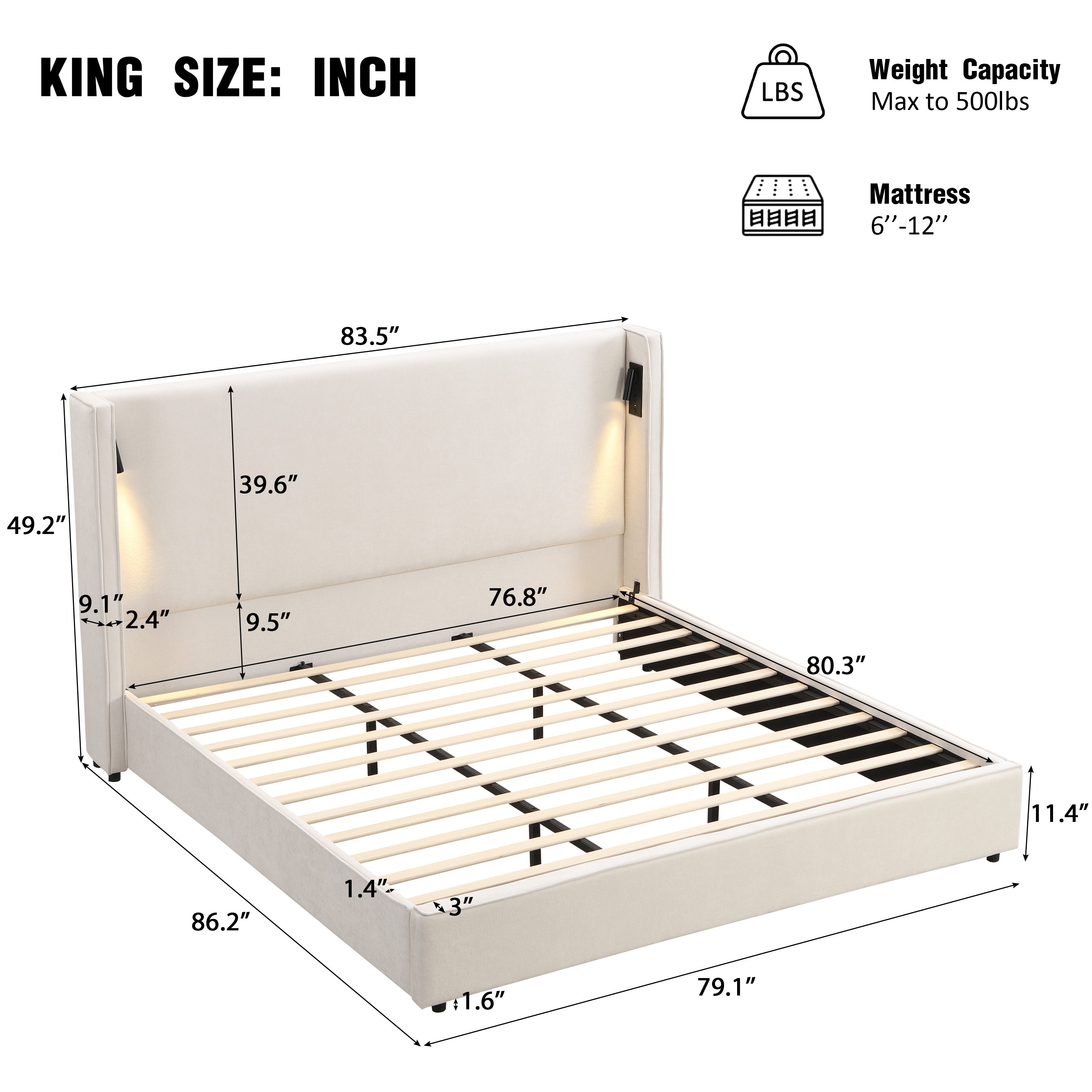 Upholstered Bed With High Wingback, King, Beige