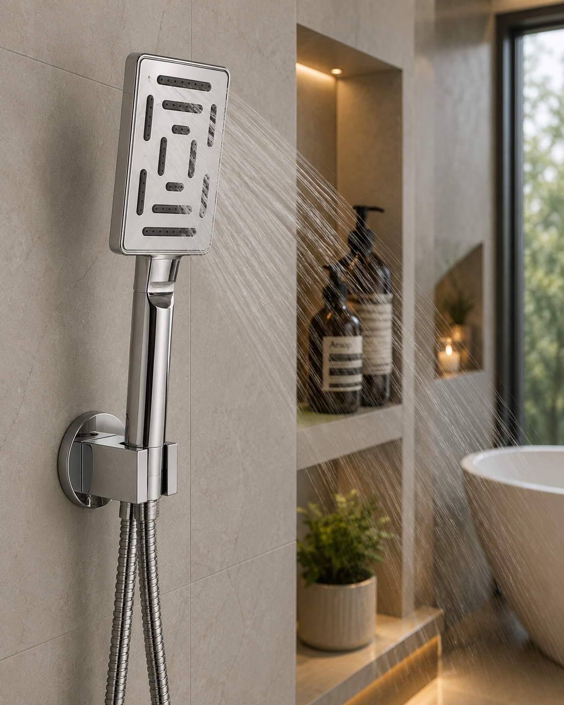 Rectangle Premium Hand Shower Set, High-Pressure Chrome Finish, Complete Set with Wall Hook & 1.5m Premium Hose, Gold-x