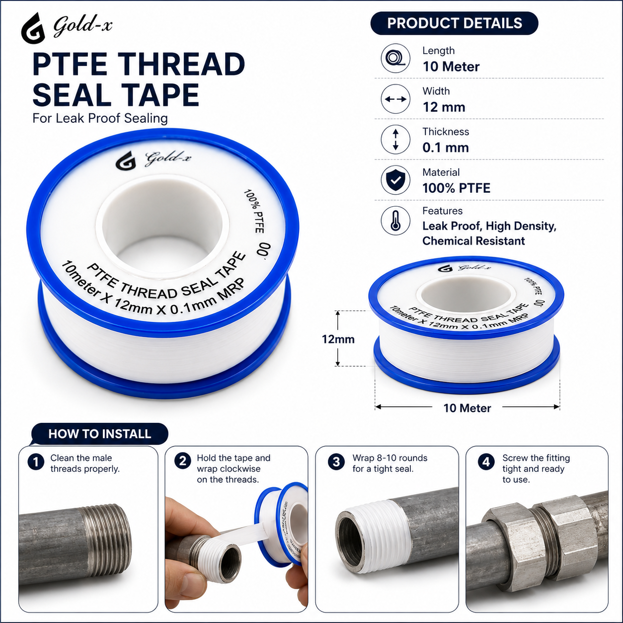 PTFE Thread Seal Teflon Tape 10 Meter – Leak-Proof Plumbing Thread Sealing Tape for Pipes, Faucets & Fittings, Gold-x