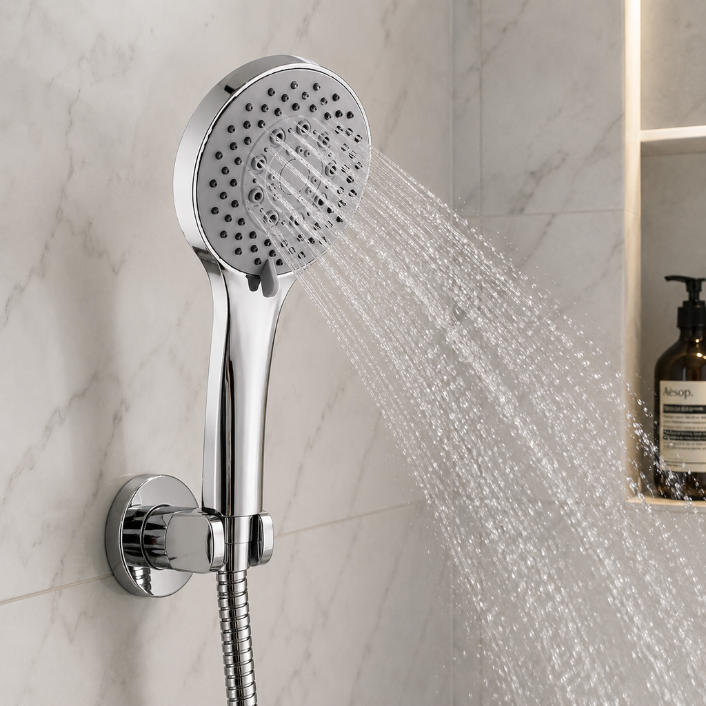 Multy Flow 5-Function Hand Shower, Premium Chrome Finish, Complete Set with Wall Hook & 1.5m Premium Hose, Gold-x