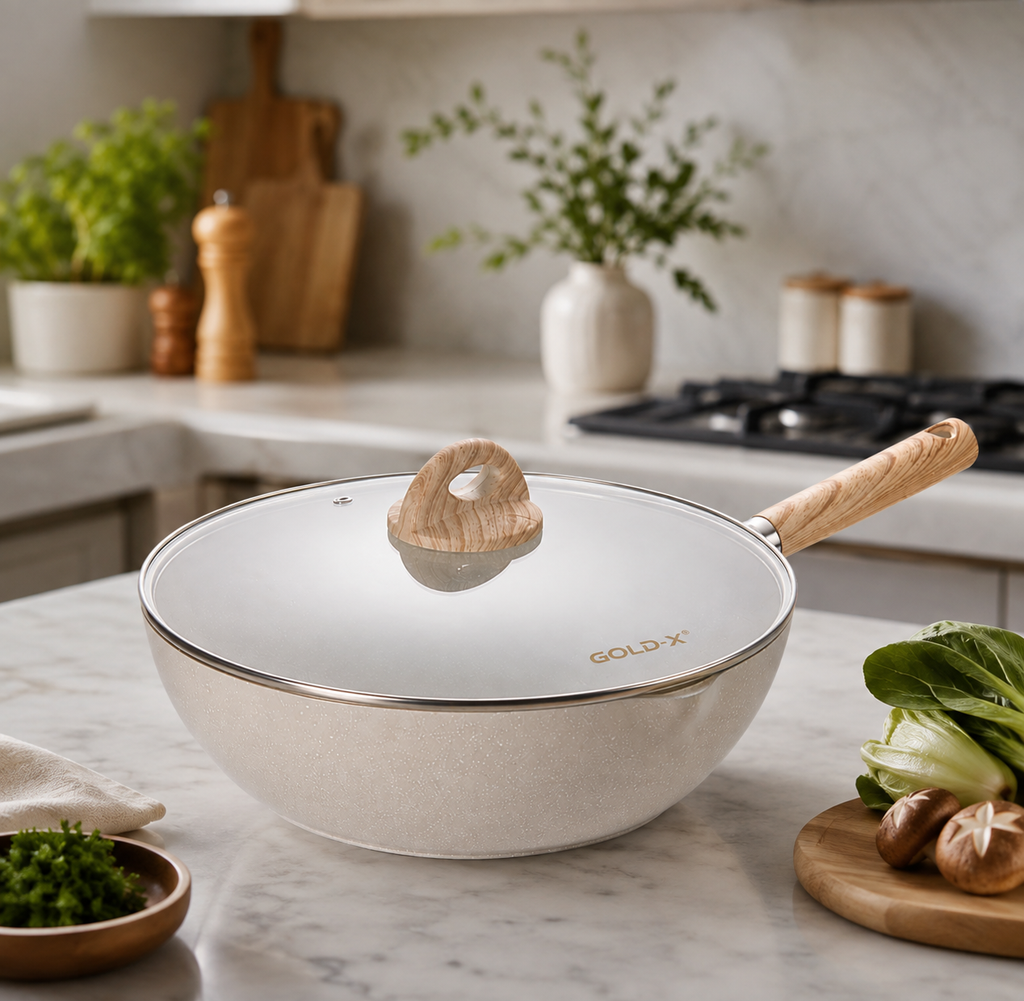 Nonstick Deep Wok Pan with Glass Lid & Wooden Handle, 3L Induction & Gas Compatible Cooking Wok