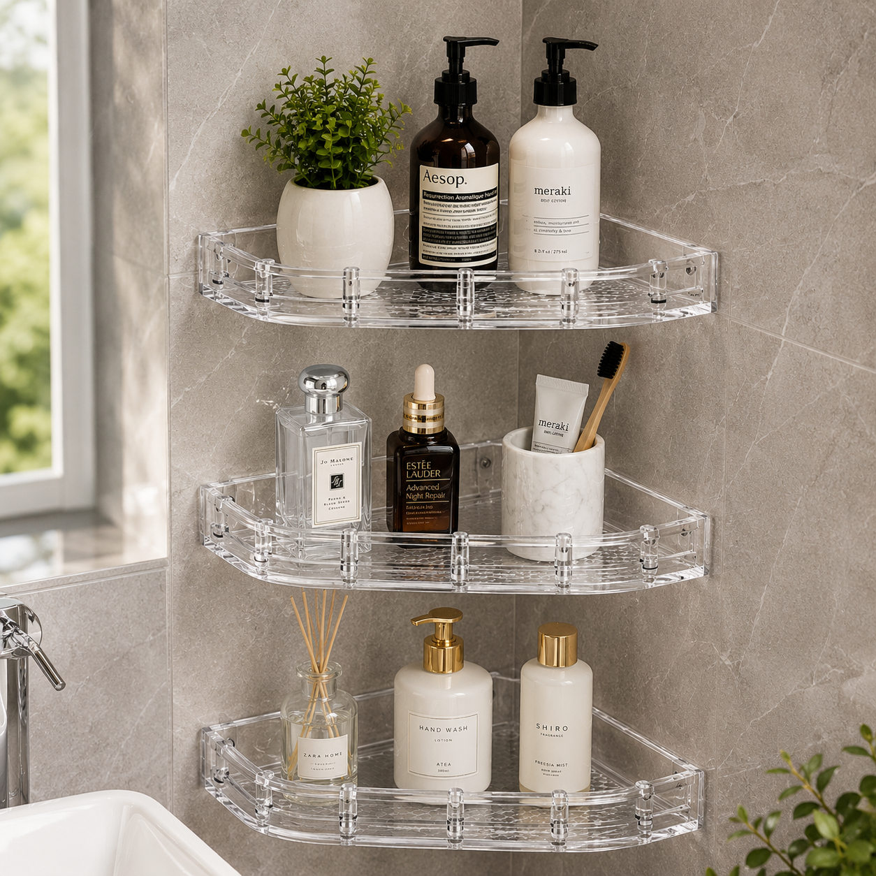 UB Corner Shelf Set (3 Pieces), Unbreakable Wall-Mounted Bathroom Corner Shelves, Heavy-Duty Plastic Storage Organizer, Rust-Proof, Gold-x