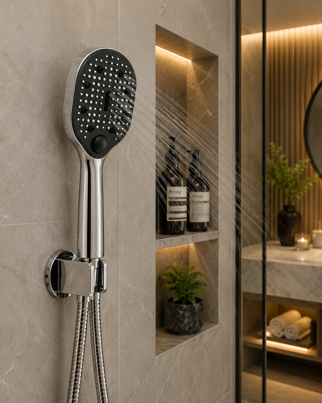 HoneyKomb Mist Premium Hand Shower Set, Multi-Flow Chrome Finish, Complete Set with Wall Hook & 1.5m Premium Hose, Gold-x