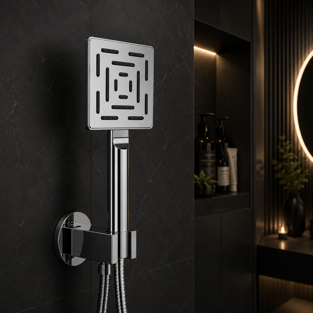 Square Premium Hand Shower Set, High-Pressure Chrome Finish, Complete Set with Wall Hook & 1.5m Premium Hose, Gold-x