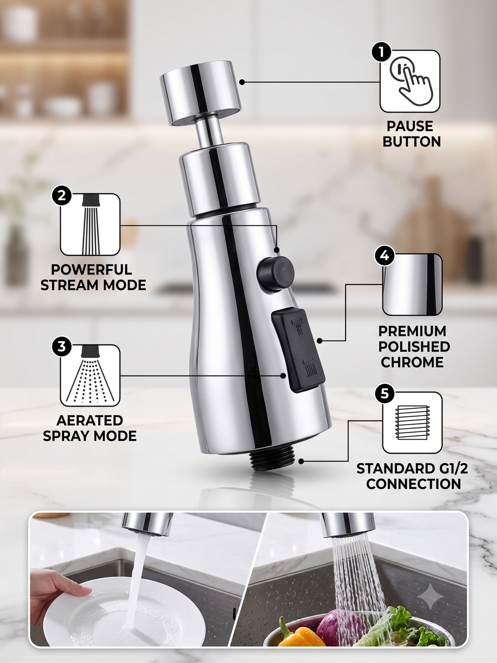 Tap Shower Bulb Type, High-Pressure Faucet Shower Attachment for Kitchen & Bathroom, Gold-x