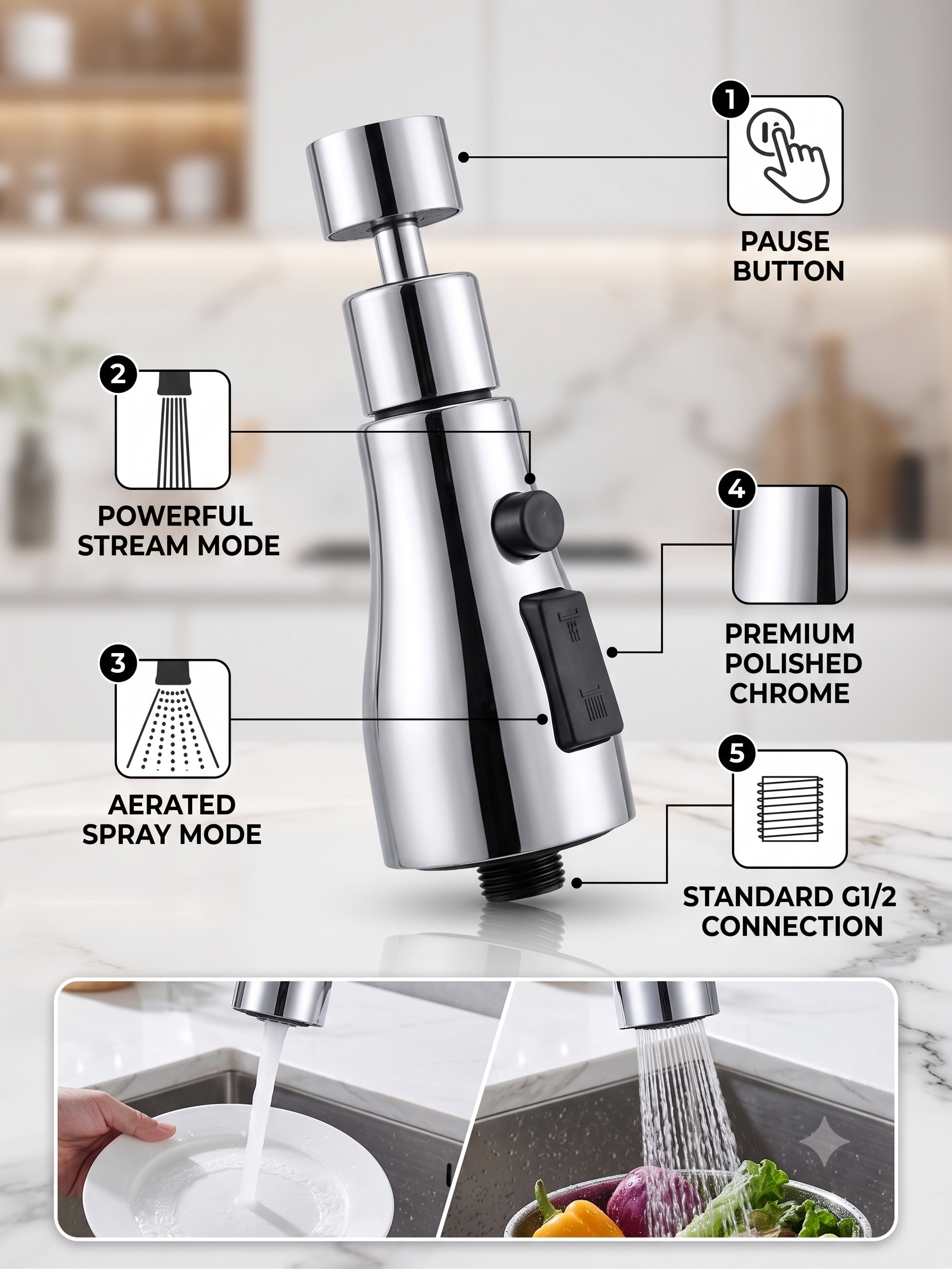 Tap Shower Bulb Type, High-Pressure Faucet Shower Attachment for Kitchen & Bathroom, Gold-x