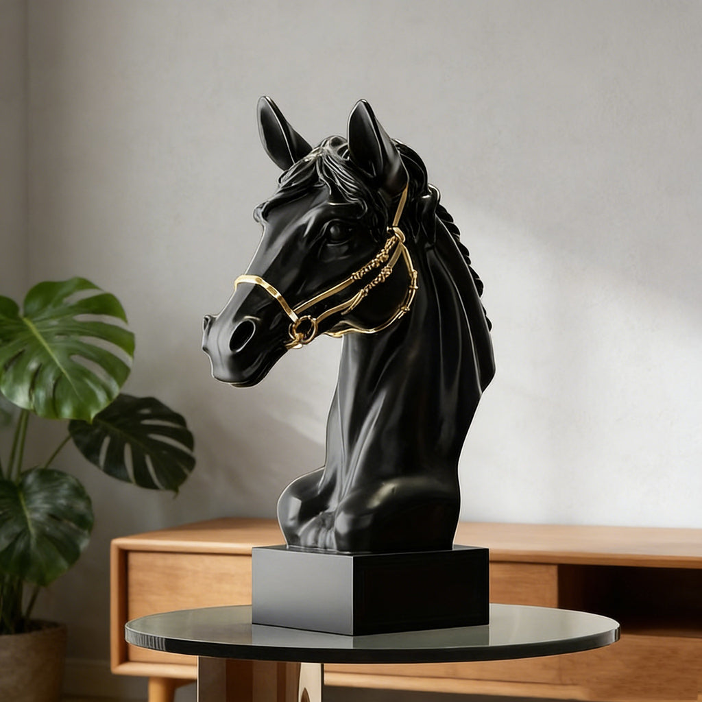 Modern Horse Head Sculpture, Minimalist Resin Tabletop Decor for Living Room, Office & Home, Gold-x