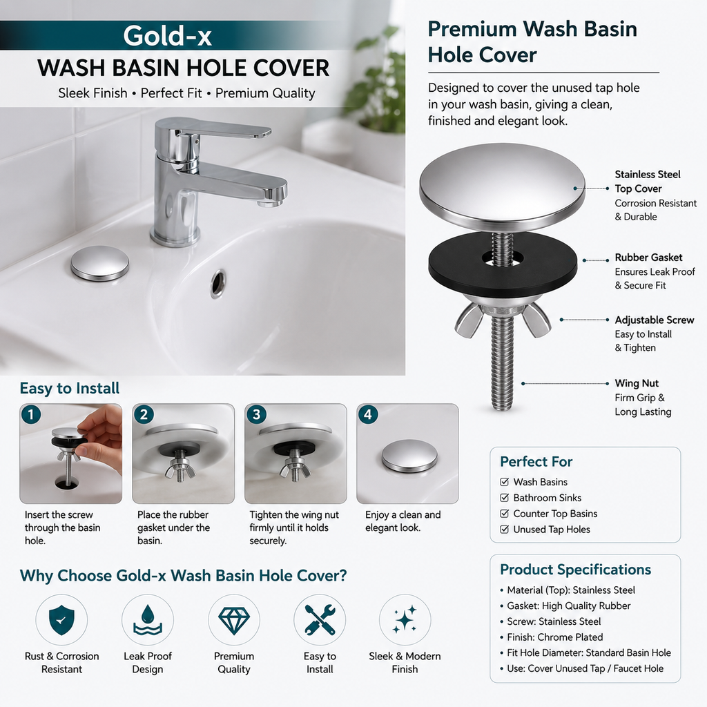 Wash Basin Hole Cover Plug – Chrome Hole Closer for Vanity, Basin & Sink Tap Holes, Gold-x