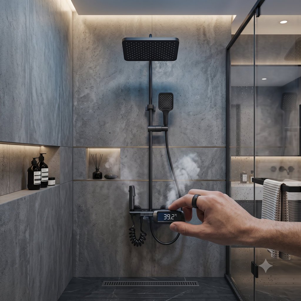 Premium Thermostatic Shower Panel, LED Display, Temperature Display Models, Rain Shower Set with Hand Shower & Bidet Spray, Matte Black