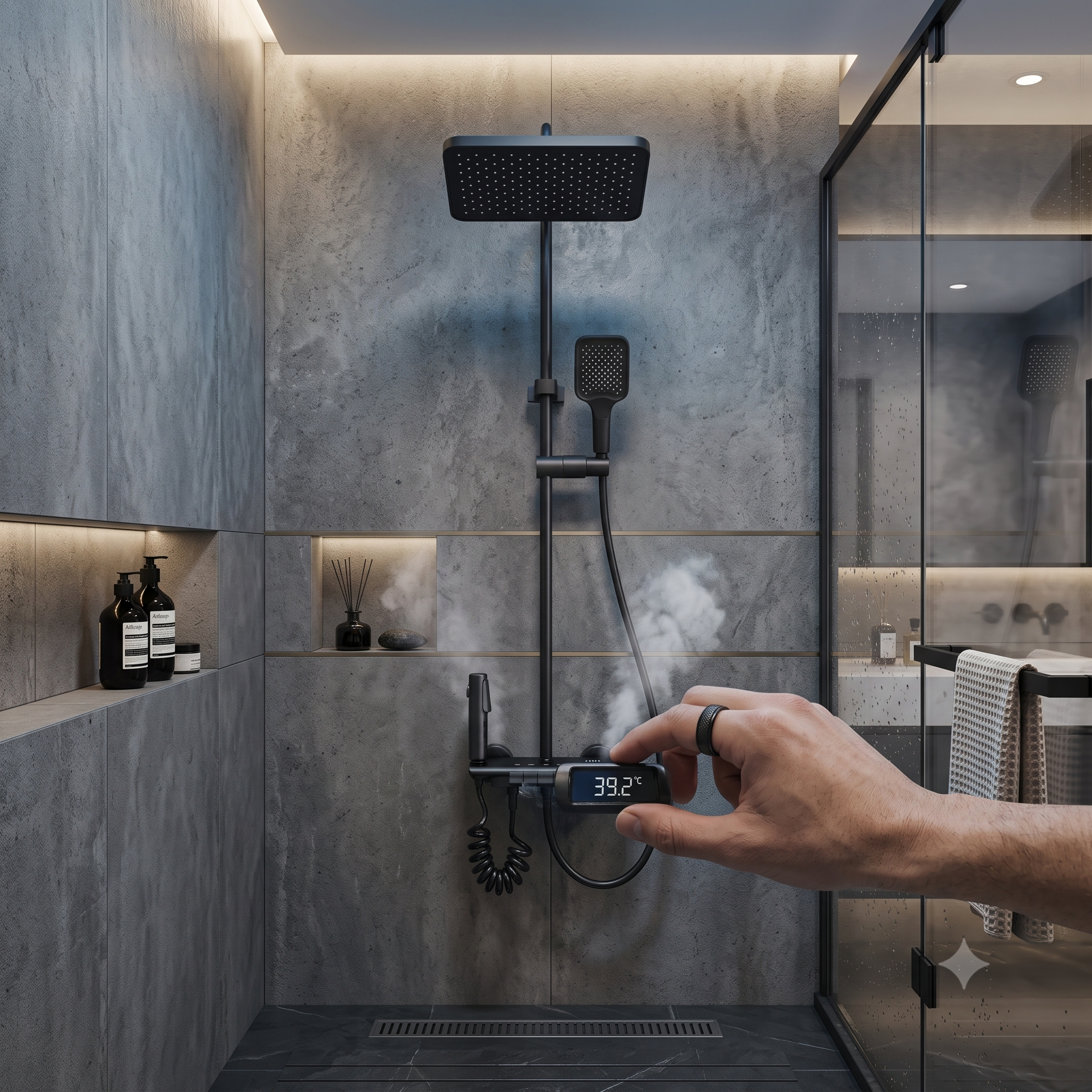 Premium Thermostatic Shower Panel, LED Display, Temperature Display Models, Rain Shower Set with Hand Shower & Bidet Spray, Matte Black