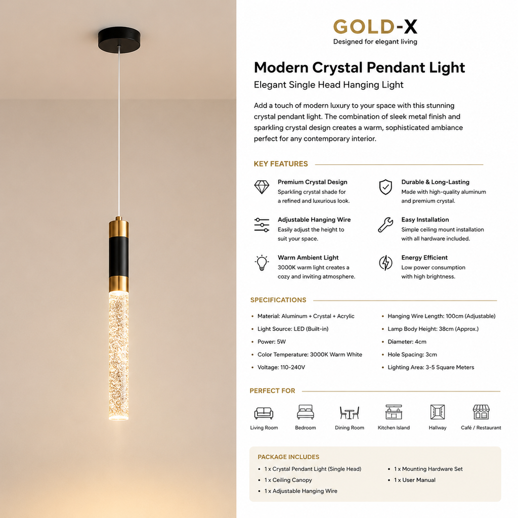 Modern Crystal Pendant Light, Luxury LED Hanging Ceiling Light for Kitchen Island, Dining Room & Living Room, Gold-x