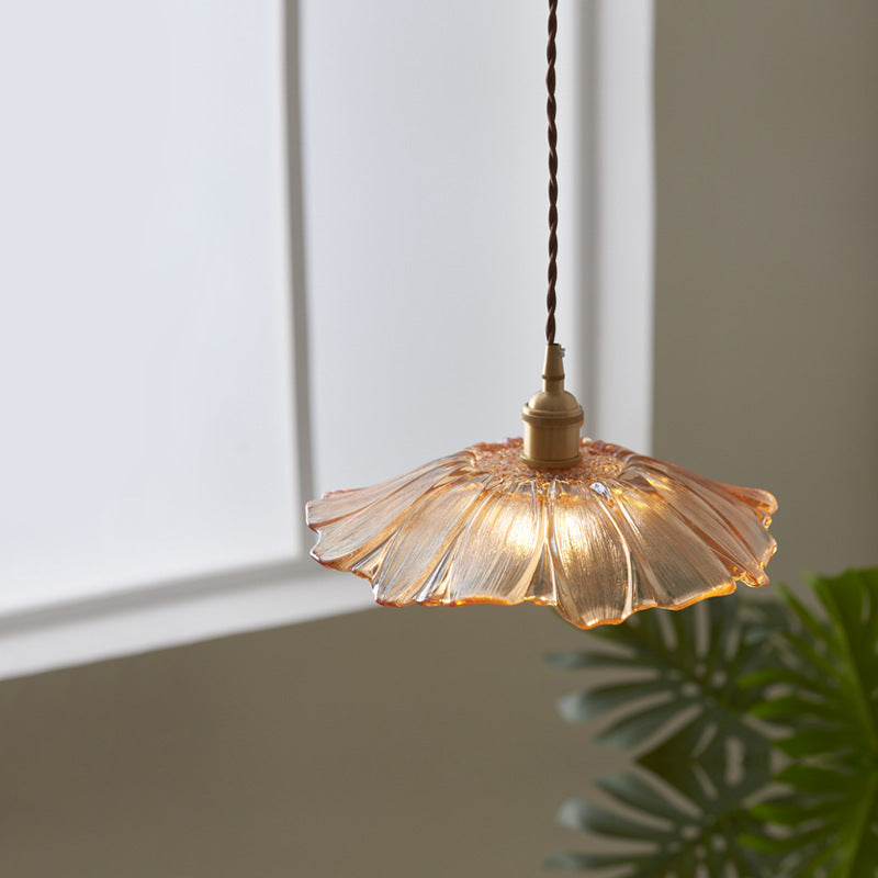 Modern Lotus Leaf Glass Pendant Light, Vintage Copper Hanging Ceiling Lamp for Dining Room, Kitchen Island & Living Room