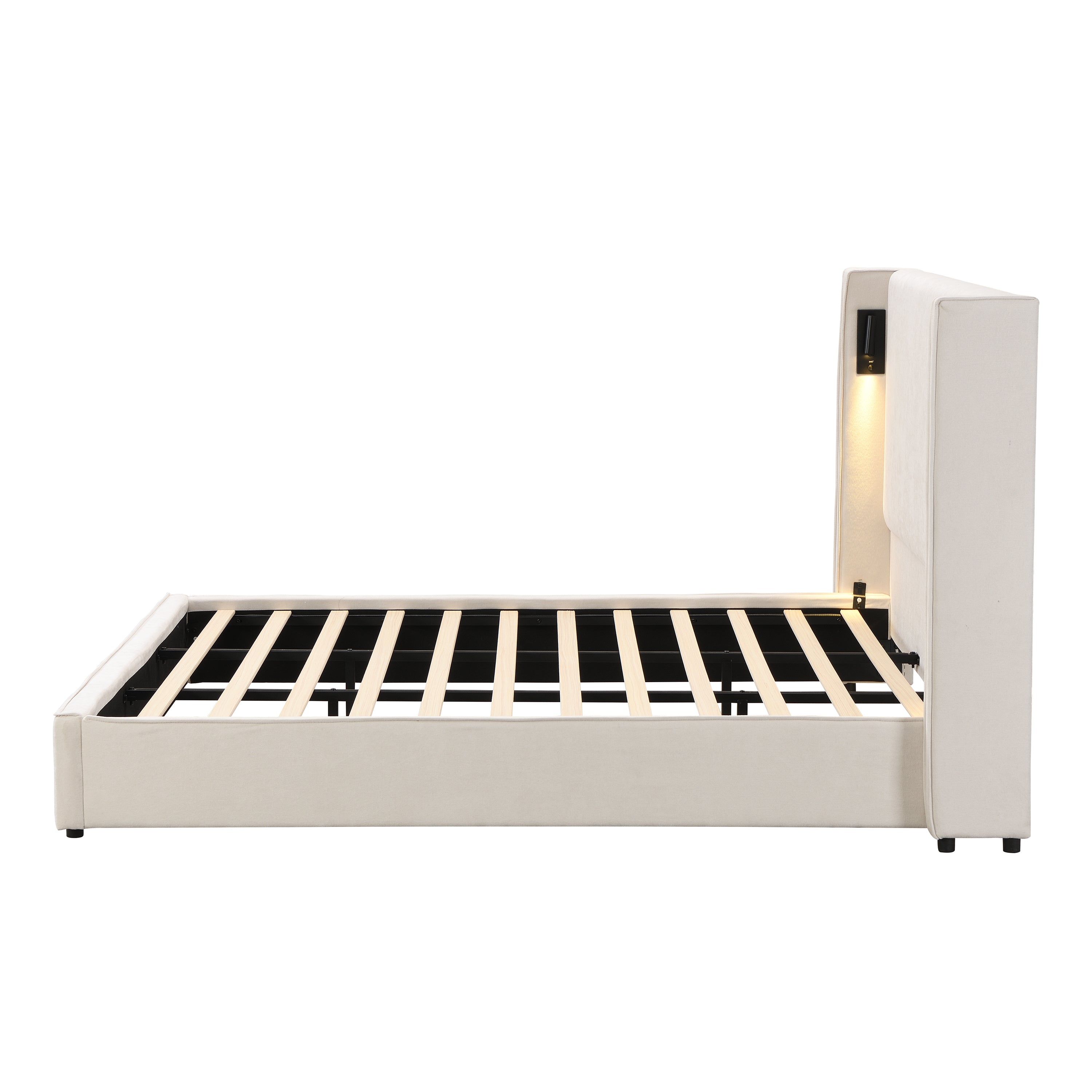 Upholstered Bed With High Wingback, King, Beige