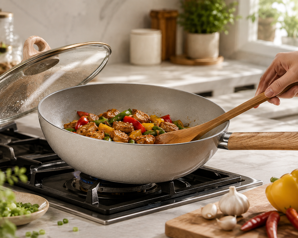 Nonstick Deep Wok Pan with Glass Lid & Wooden Handle, 3L Induction & Gas Compatible Cooking Wok