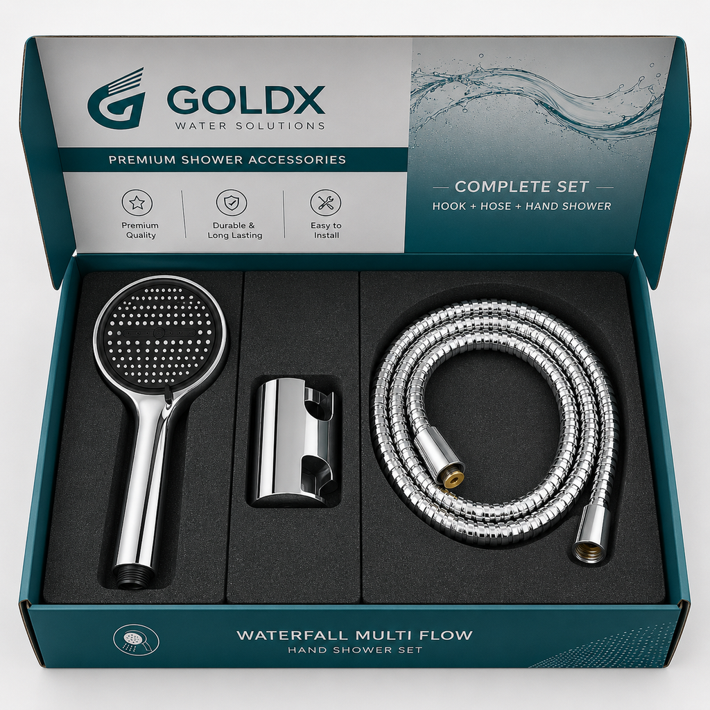 Waterfall Multi Flow Premium Hand Shower Set, High-Pressure Chrome Finish, Complete Set with Wall Hook & 1.5m Premium Hose, Goldx