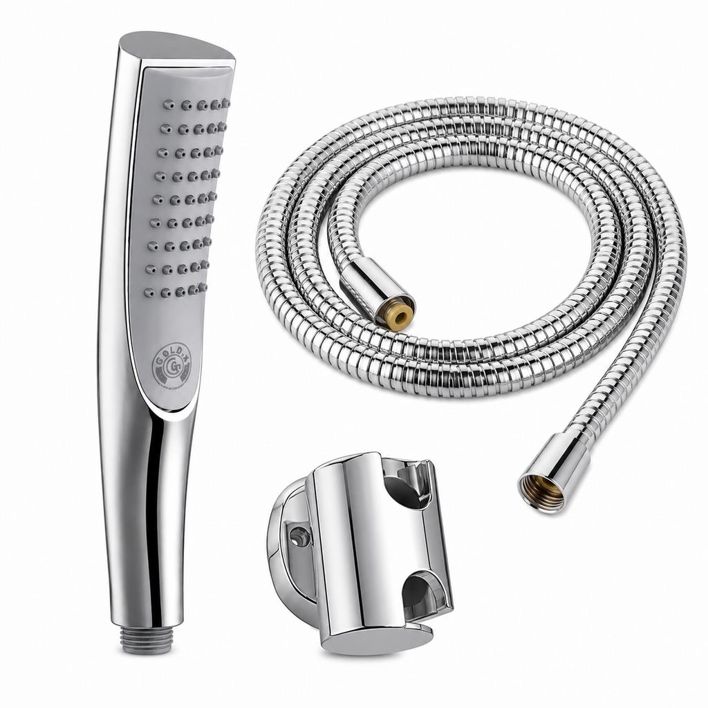 Sleek Gray Premium Hand Shower Set, Chrome Finish, Complete Set with Wall Hook & 1.5m Premium Hose, Gold-x