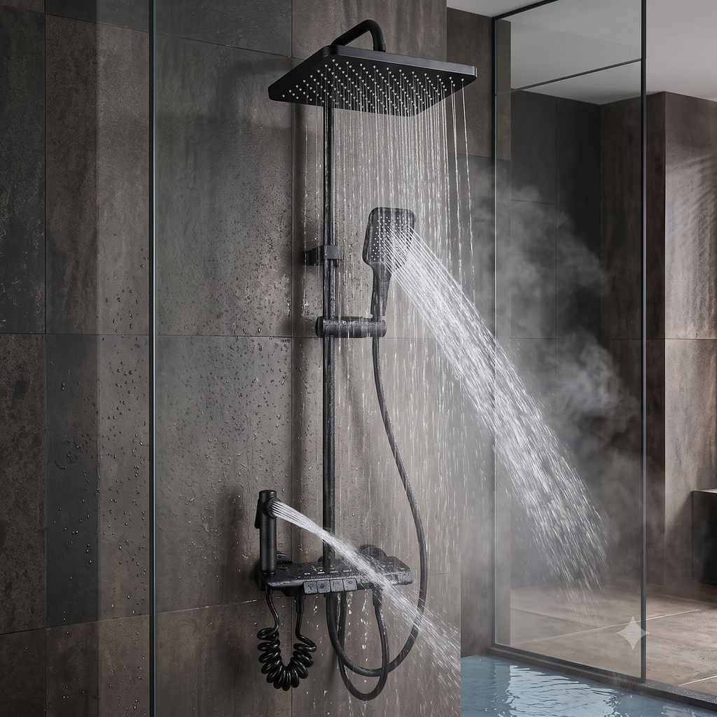 Premium Thermostatic Shower Panel, LED Display, Temperature Display Models, Rain Shower Set with Hand Shower & Bidet Spray, Matte Black