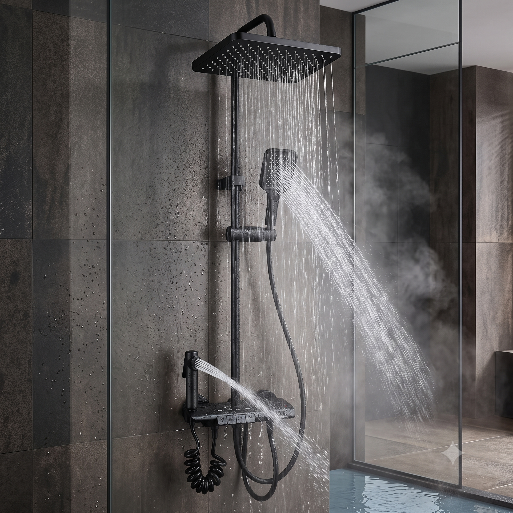 Premium Thermostatic Shower Panel, LED Display, Temperature Display Models, Rain Shower Set with Hand Shower & Bidet Spray, Matte Black