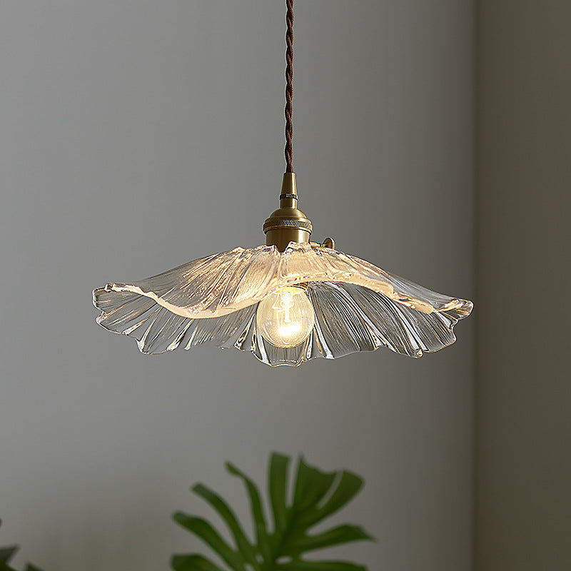 Modern Lotus Leaf Glass Pendant Light, Vintage Copper Hanging Ceiling Lamp for Dining Room, Kitchen Island & Living Room