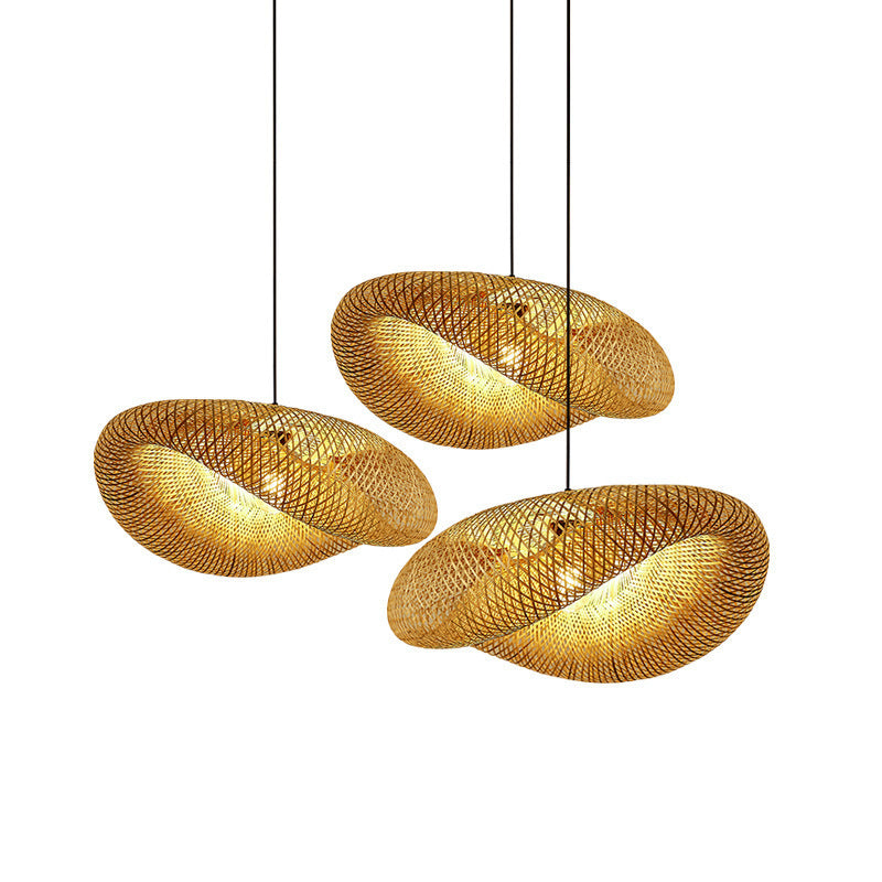 Japanese Style Bamboo Chandelier, Straw Hat Shaped Woven Hanging Pendant Light for Dining Room, Living Room, Bedroom & Cafe