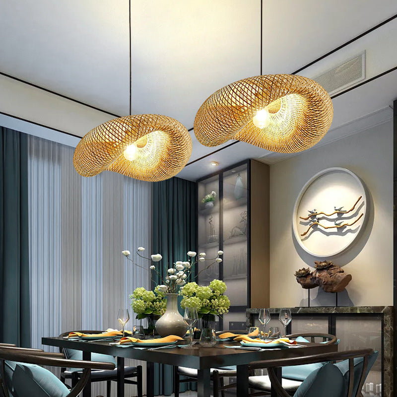 Japanese Style Bamboo Chandelier, Straw Hat Shaped Woven Hanging Pendant Light for Dining Room, Living Room, Bedroom & Cafe