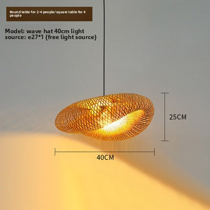 Japanese Style Bamboo Chandelier, Straw Hat Shaped Woven Hanging Pendant Light for Dining Room, Living Room, Bedroom & Cafe