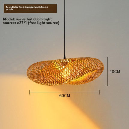 Japanese Style Bamboo Chandelier, Straw Hat Shaped Woven Hanging Pendant Light for Dining Room, Living Room, Bedroom & Cafe