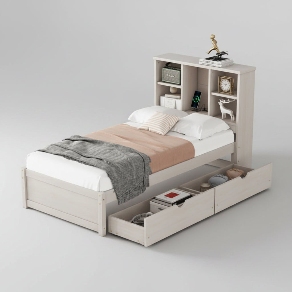 Modern bedroom with a bed featuring storage drawers, shelves, and decorative items.