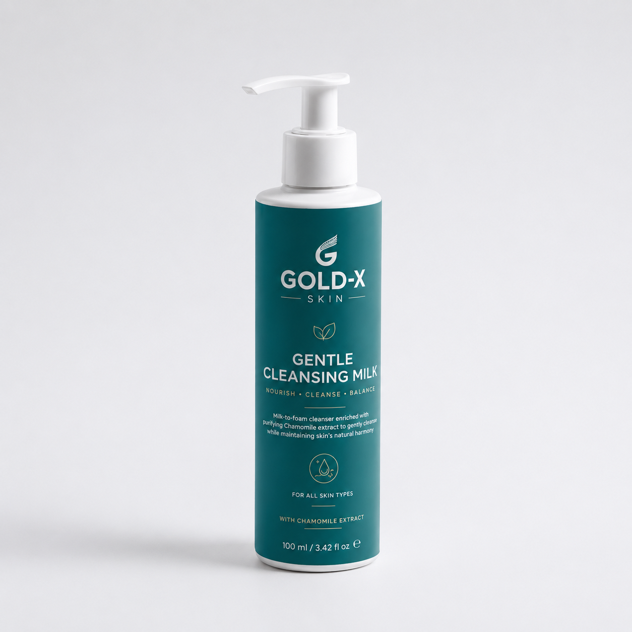 Gold-X Skin Gentle Cleansing Milk in a 100 ml (3.42 fl oz) pump bottle.