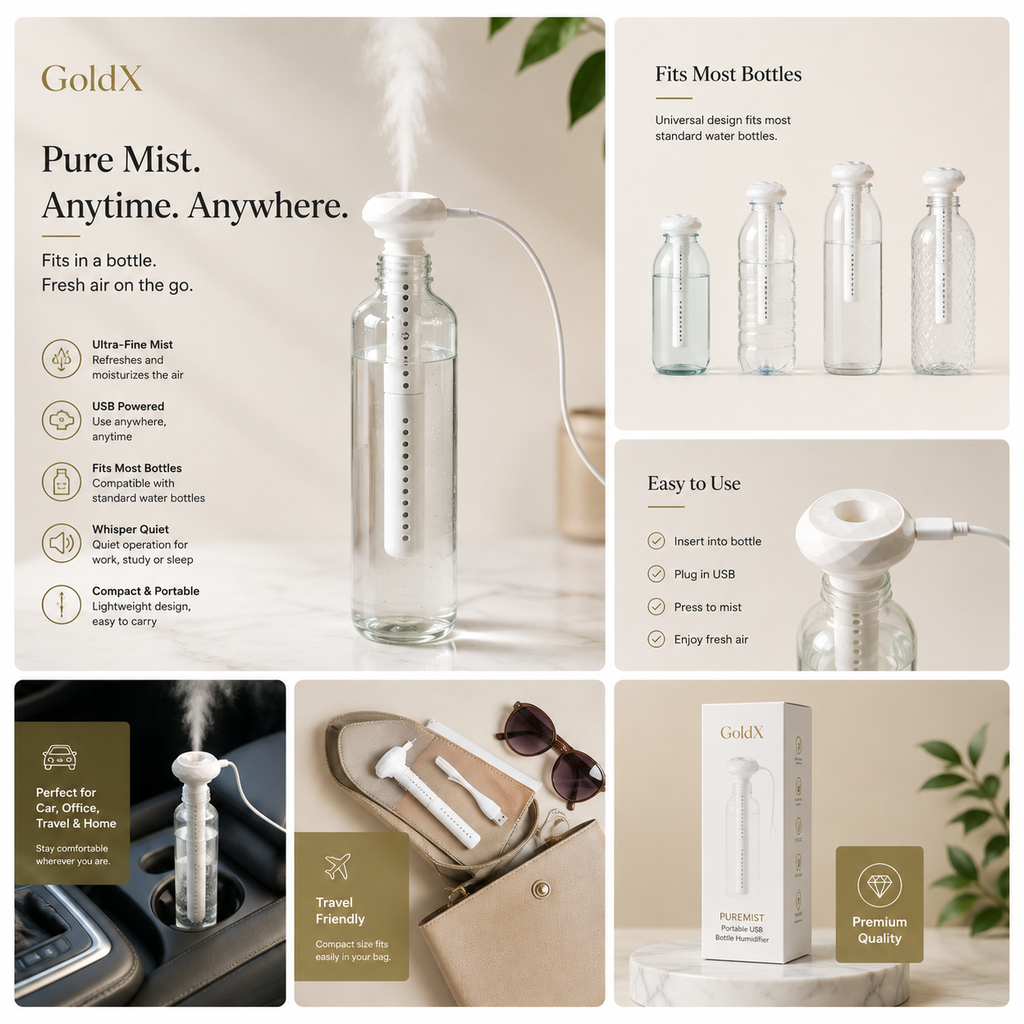 PureMist, Portable USB Bottle Humidifier, Mini Cool Mist Personal Air Humidifier, Gold-x