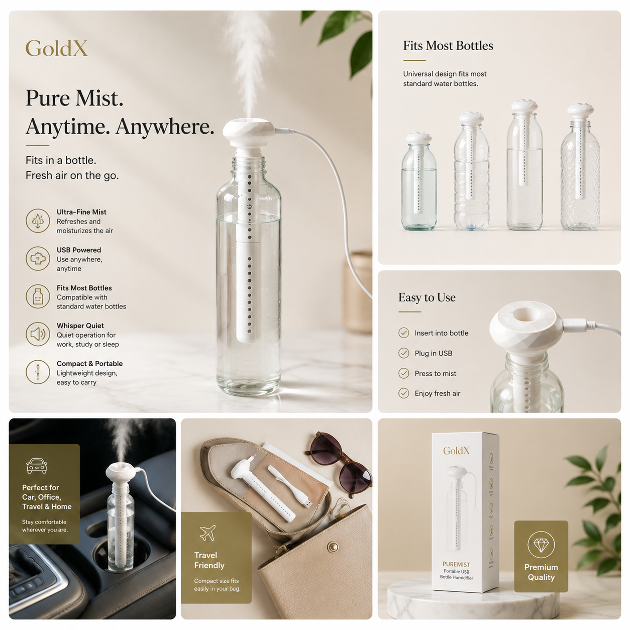 PureMist, Portable USB Bottle Humidifier, Mini Cool Mist Personal Air Humidifier, Gold-x