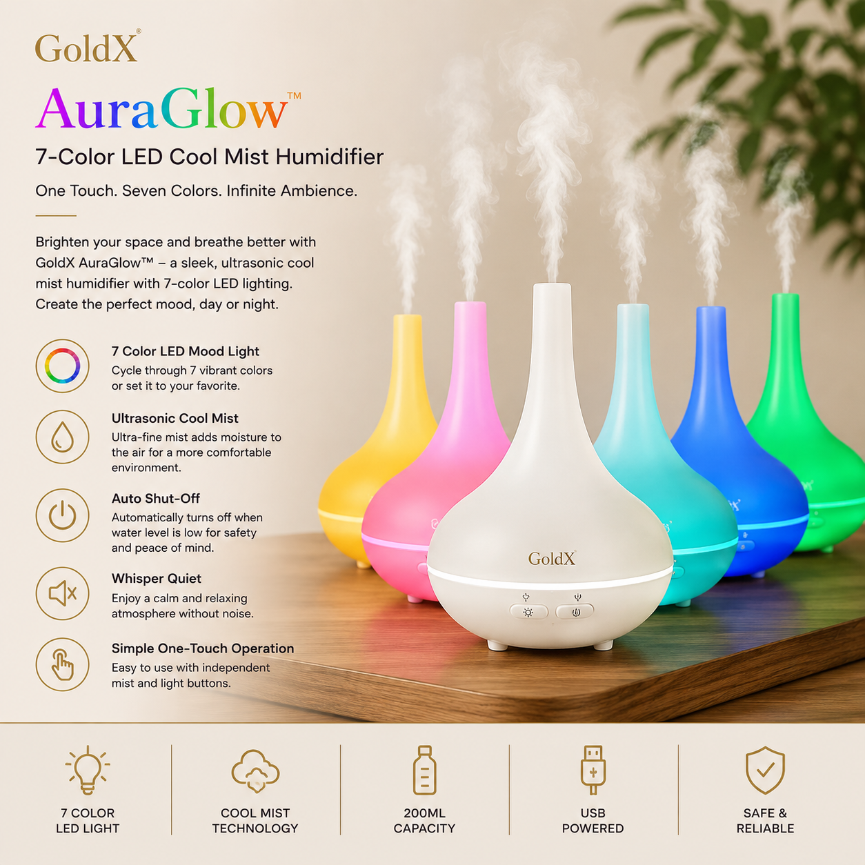 PrismAura, Ultrasonic Aroma Diffuser, 7 Color LED Cool Mist Humidifier, Gold-x
