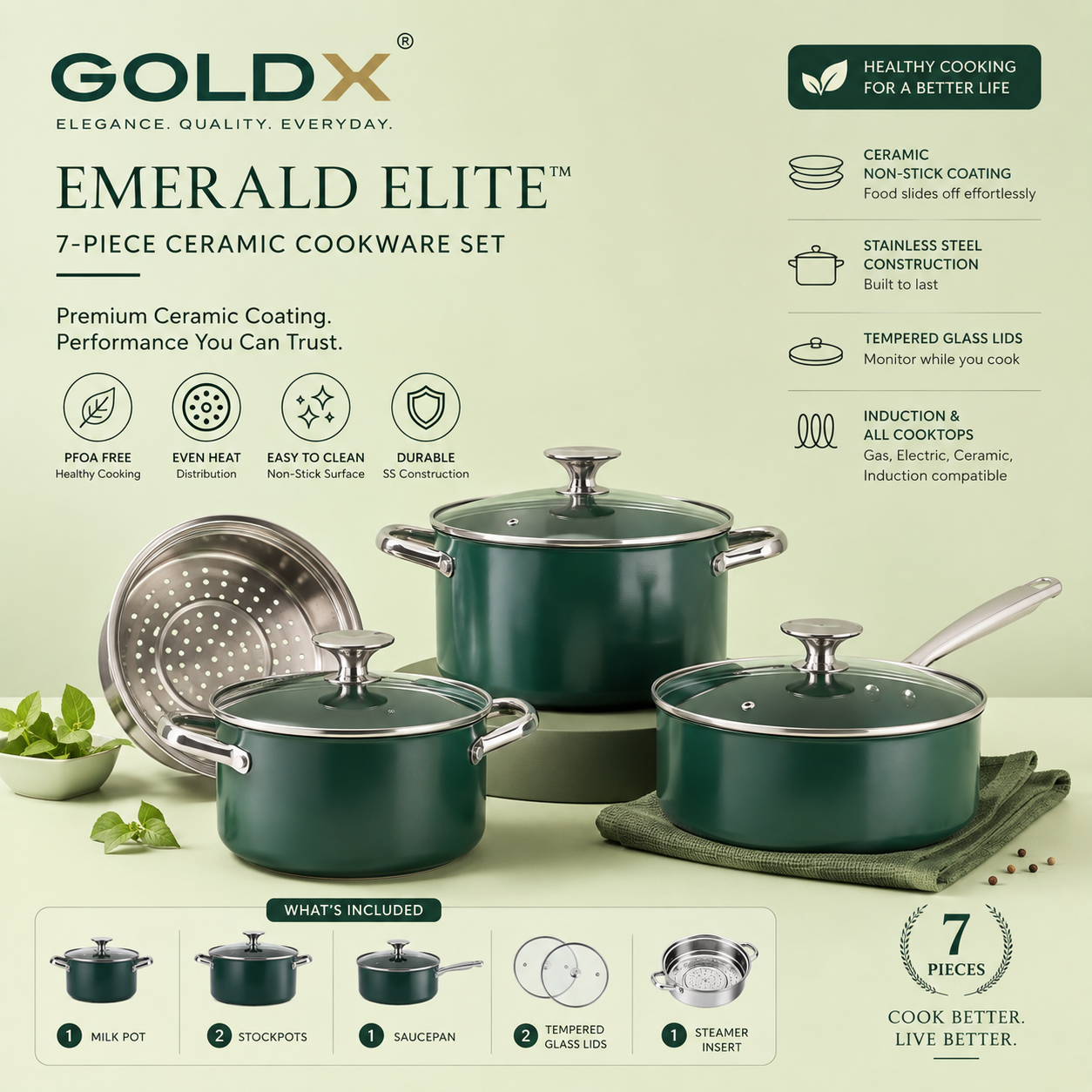 Emerald Elite, 7-Piece Ceramic Cookware Set, Gold-x