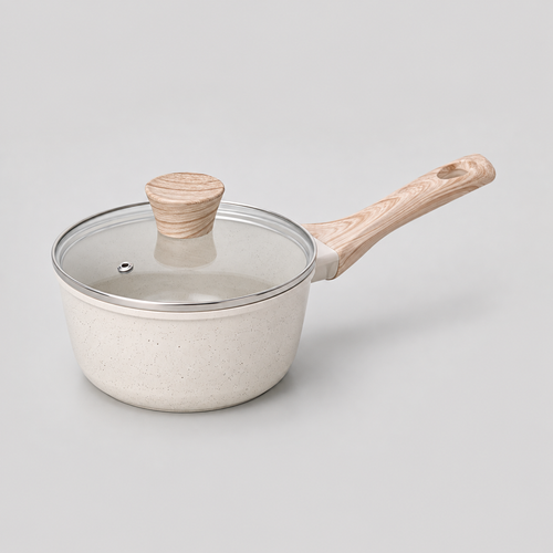 1.5 Qt Wooden Style Nonstick Saucepan, With Tempered Glass Lid