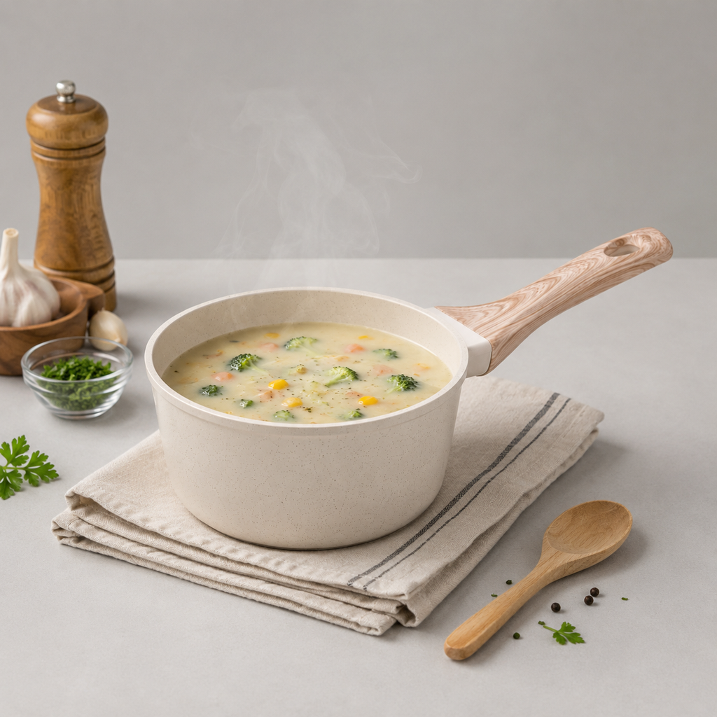 1.5 Qt Wooden Style Nonstick Saucepan, With Tempered Glass Lid