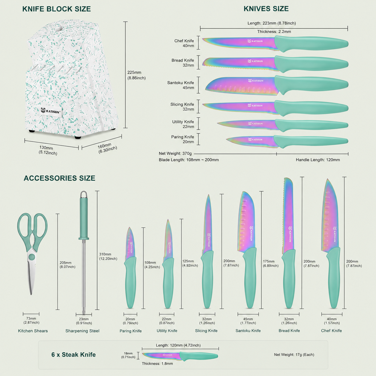 14 Pc Rainbow Titanium Kitchen Knife Set