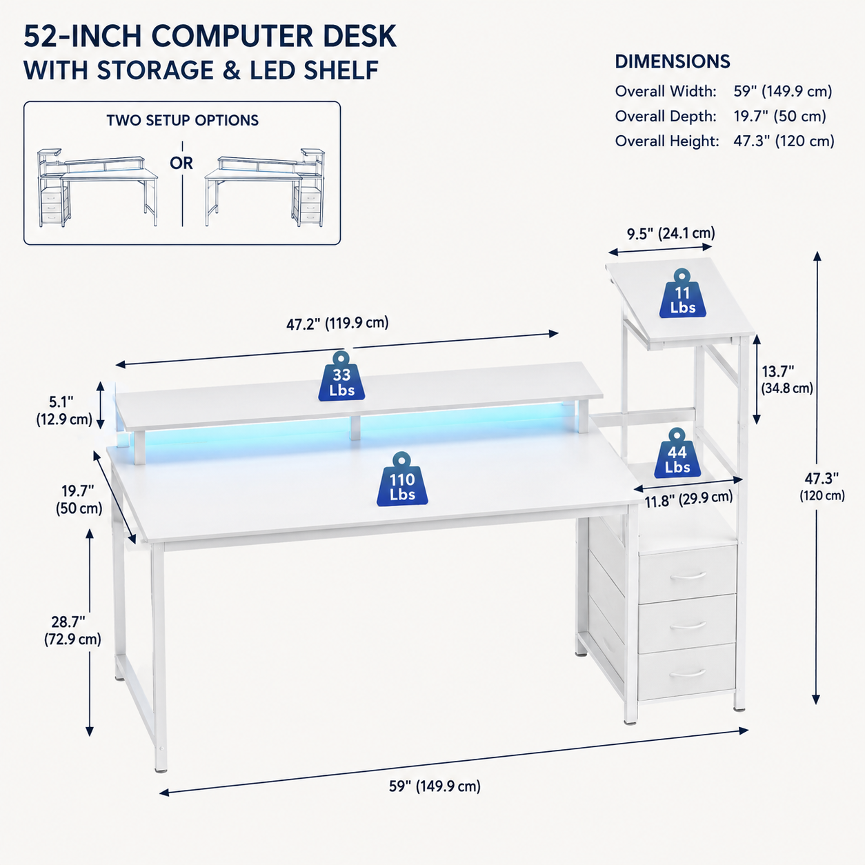 Gaming Table With Drawers, 52 Inch