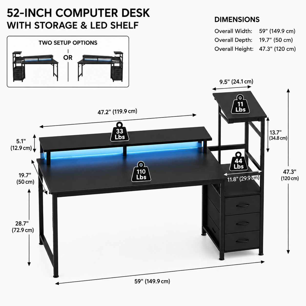 Gaming Table With Drawers, 52 Inch