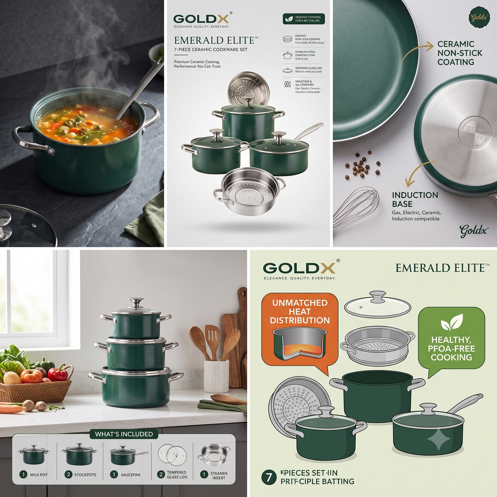 Emerald Elite, 7-Piece Ceramic Cookware Set, Gold-x