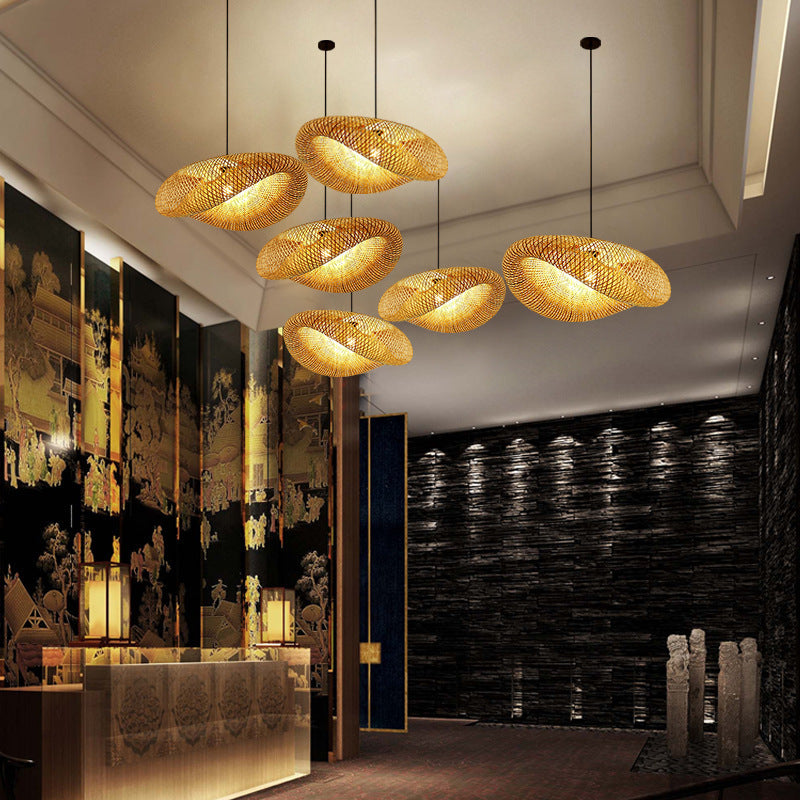 Japanese Style Bamboo Chandelier, Straw Hat Shaped Woven Hanging Pendant Light for Dining Room, Living Room, Bedroom & Cafe