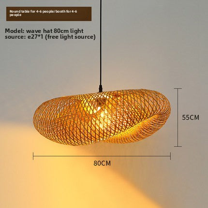 Japanese Style Bamboo Chandelier, Straw Hat Shaped Woven Hanging Pendant Light for Dining Room, Living Room, Bedroom & Cafe