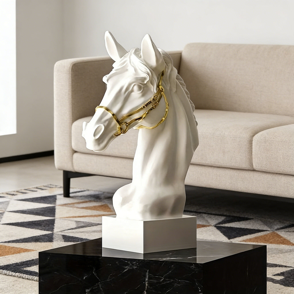Modern Horse Head Sculpture, Minimalist Resin Tabletop Decor for Living Room, Office & Home, Gold-x