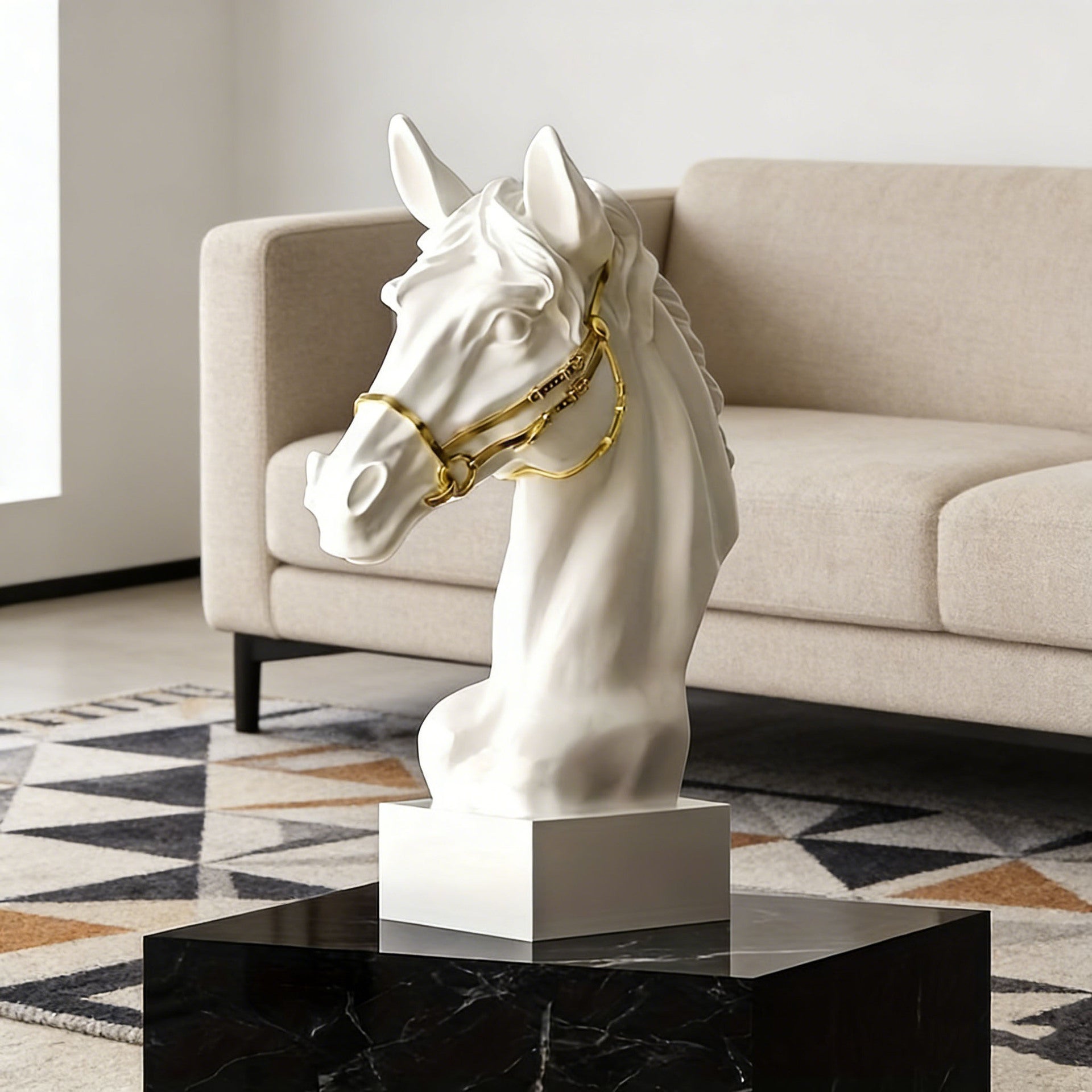 Modern Horse Head Sculpture, Minimalist Resin Tabletop Decor for Living Room, Office & Home, Gold-x